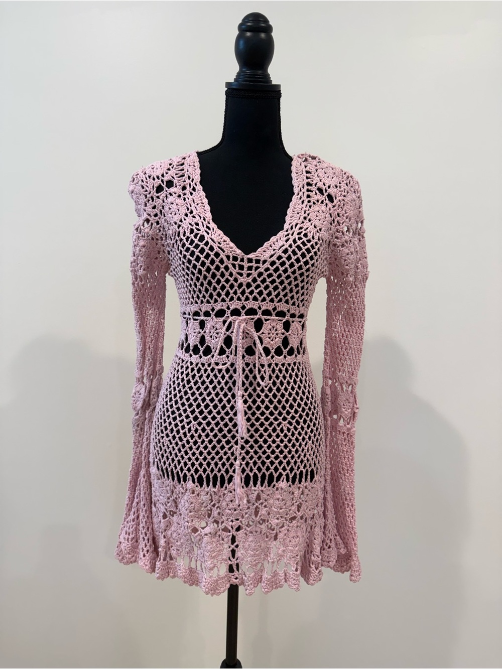 Sugar Thrillz Pink Crochet Bell Sleeve Mini Dress Swim Cover Up Size Large